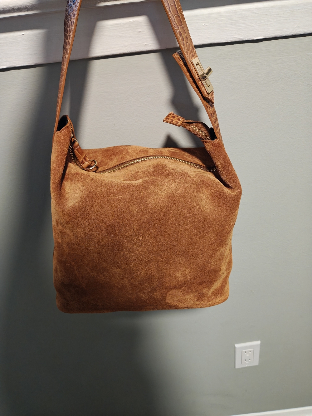 Suede Shoulder Bag in Tan with Croc-Texture Strap